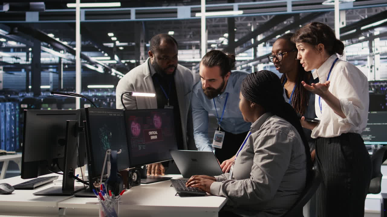 Vertical video Angry technicians in server room fighting after encountering critical error