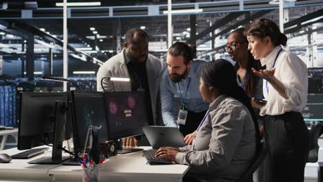 vertical video angry technicians in server room fighting after encountering critical error