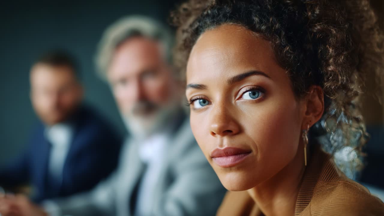 Focused Woman Engaged in Serious Discussion with Attributed Attention on a Gathered Team in a Professional Meeting Setting with Collaborators in Background