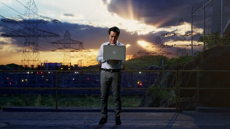 Full Body Of An Asian Male Professional Worker Standing With His Laptop Near High Voltage Tower, Industrial Facility, Working Continuously