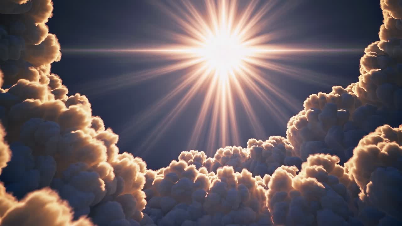 A cinematic video scene of the sun shining through clouds, captured from a low angle