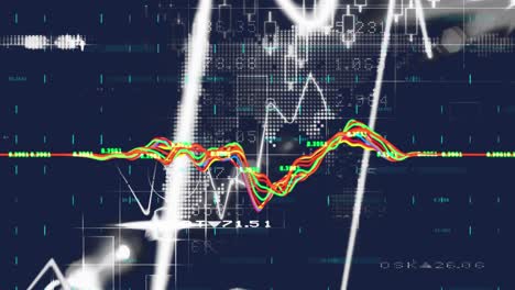 animation of financial data processing over world map against blue background