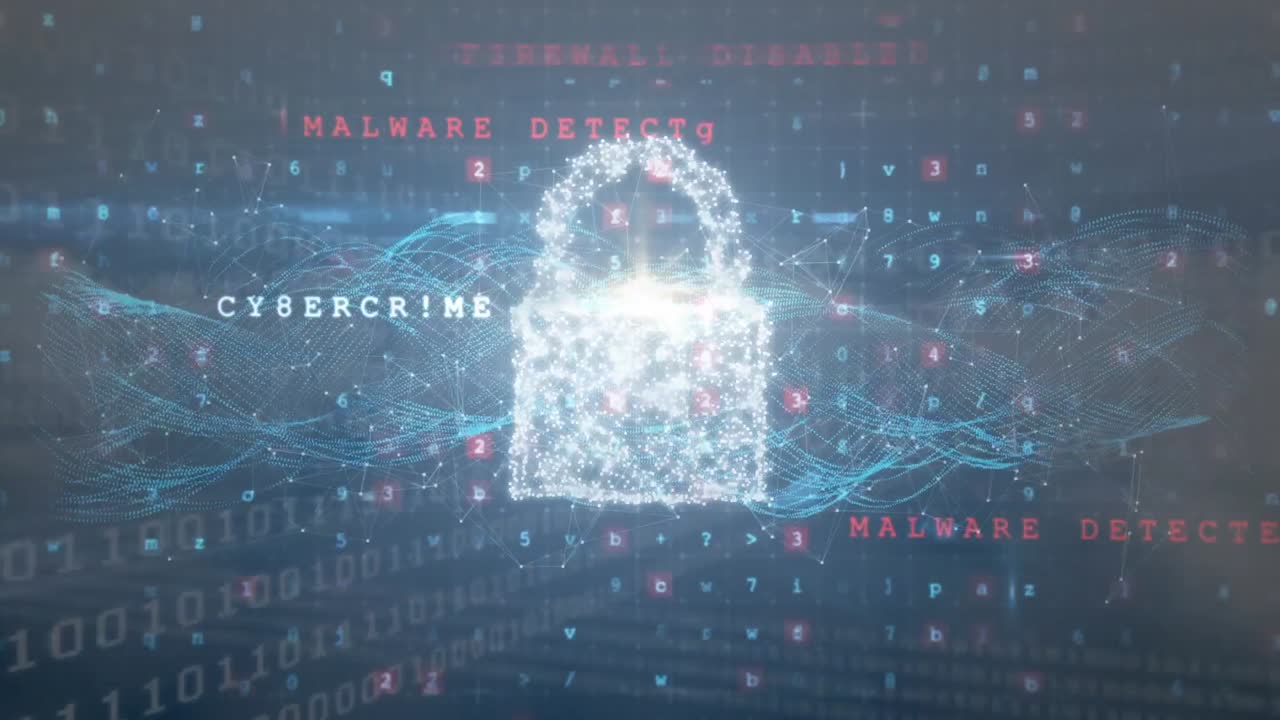 animación del procesamiento de datos con candado de seguridad en línea y escudo sobre la mano sobre fondo oscuro