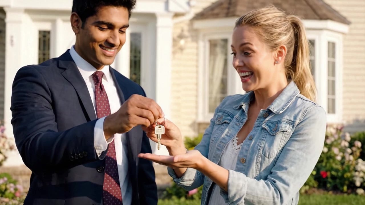A Joyful Encounter: Two Individuals Sharing a Lighthearted Moment Outside a Beautiful Home Surrounded by Lush Flowers and Warm Sunshine