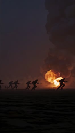 soldiers charging across battlefield during twilight, navigating through explosive smoke and fiery concussions while advancing under intense combat conditions