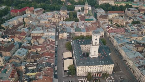 aerial drone video of european city lviv, ukraine. rynok square, central town hall, dominican church