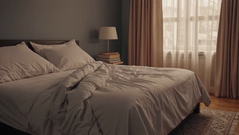 bedroom interior with unmade bed