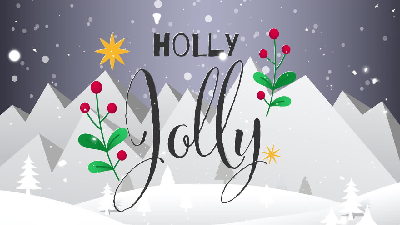 Animasjon av snøfall og teksten «Holly Jolly» over vinterlandskap i julen
