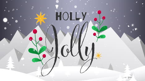 animation of snow falling and holly jolly text over winter landscape at christmas