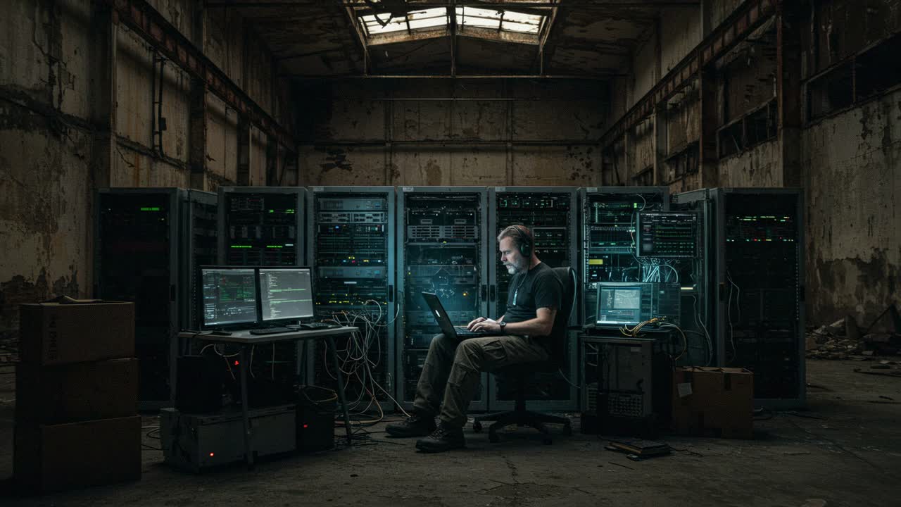 A mysterious hacker operates late into the night at a deserted server facility, surrounded by an array of computer equipment