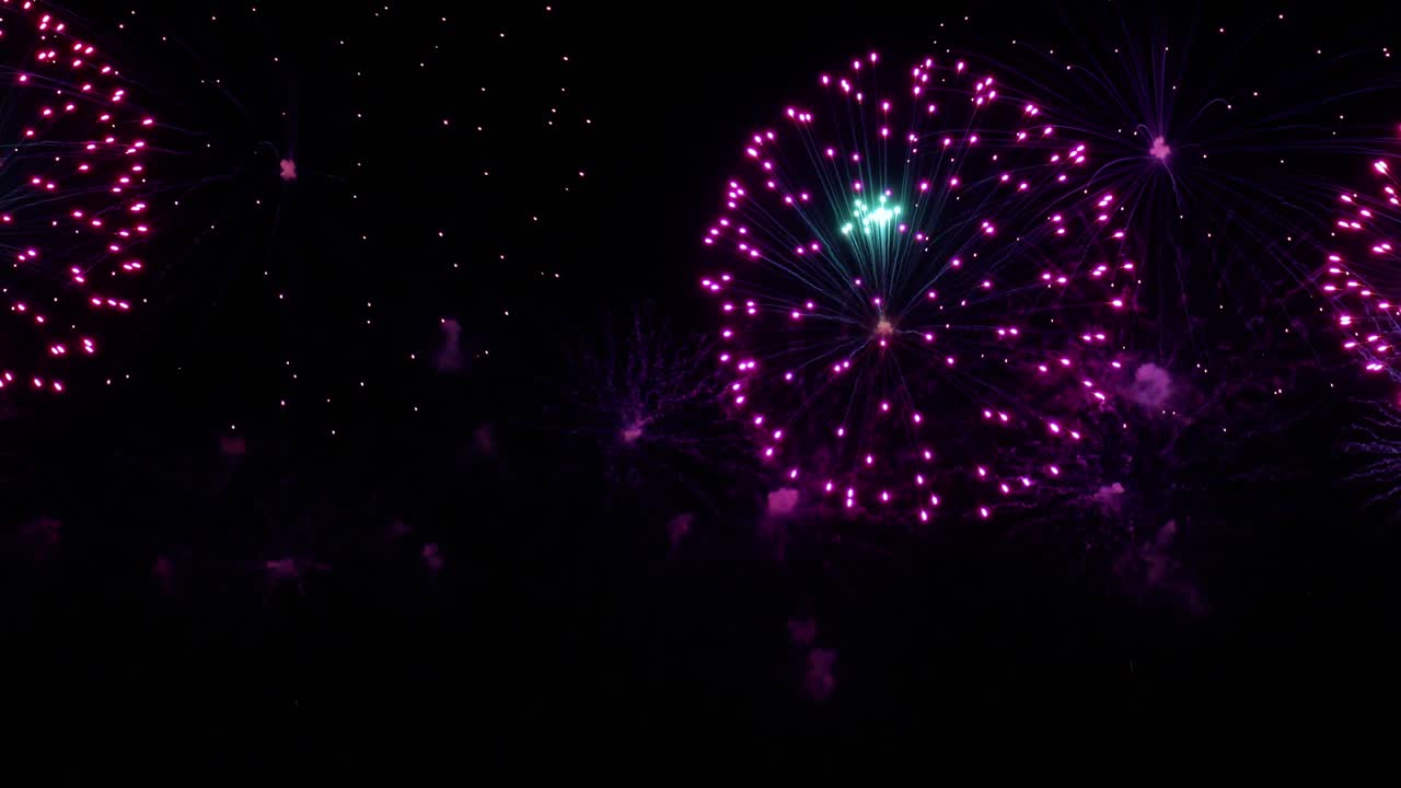 밤하늘에 화려한 불꽃이 터진다. 밝은 색상의 축하 및 이벤트.