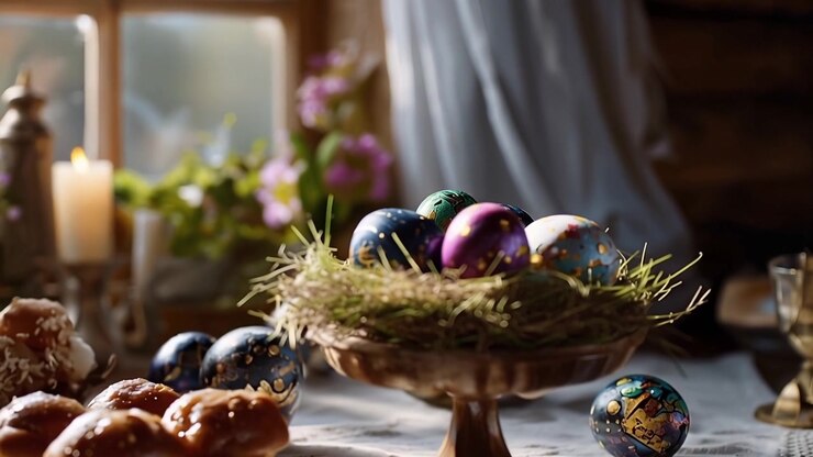 Festive Easter Table with Decorated Eggs and Freshly Baked Muffins