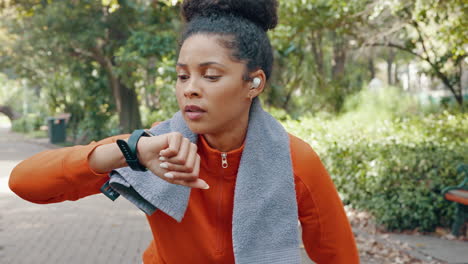 Black-woman,-stopwatch-time-and-running-exercise