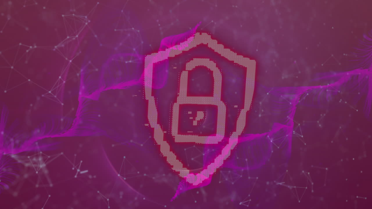 animación del icono del candado de seguridad, la onda digital y la red de conexiones en fondo púrpura