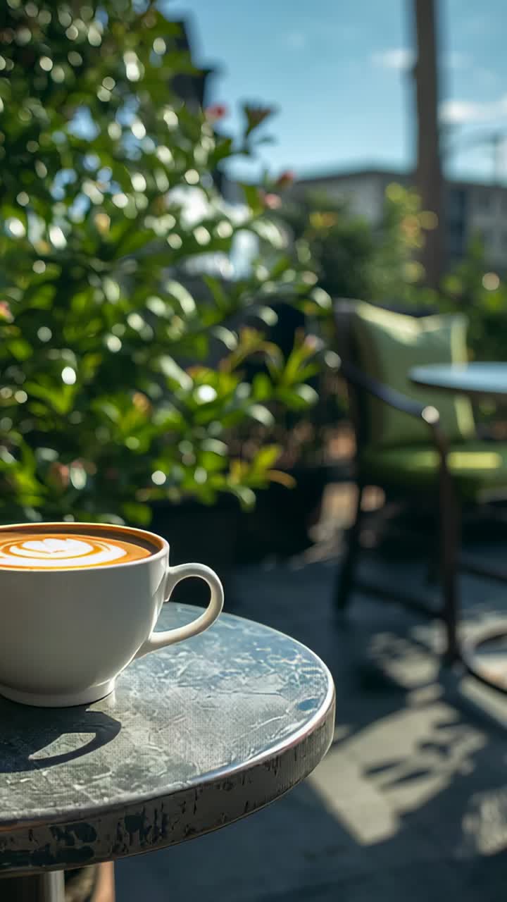 Vertical video: Shifting camera showing white cup on metal table at patio, highlighting latte art