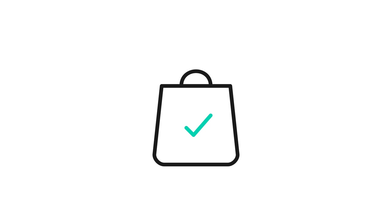 Disegno al tratto animato di una borsa della spesa con un segno di spunta
