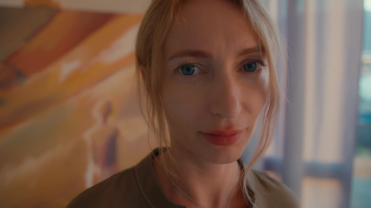 Woman in front of art