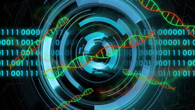 Animation of medical data processing over dark background
