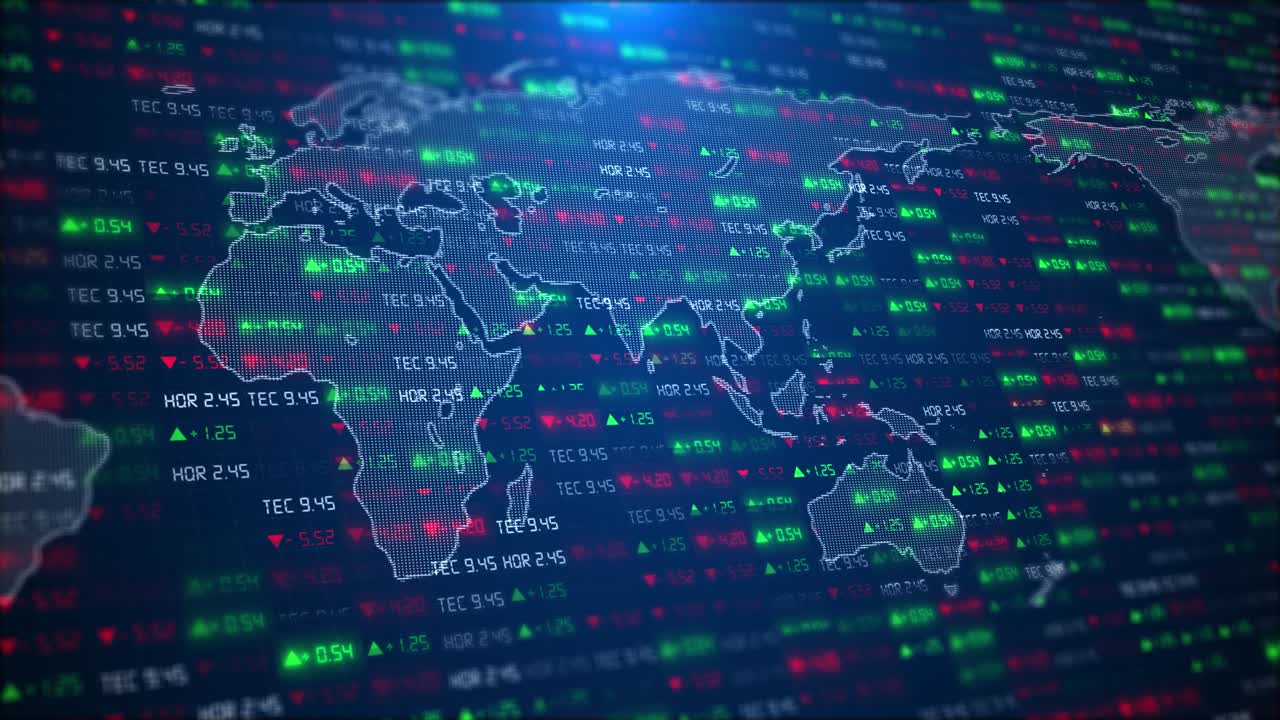 Mappa del mondo mercato azionario criptovaluta indicatori digitali sfondo grafico 3D futuristico
