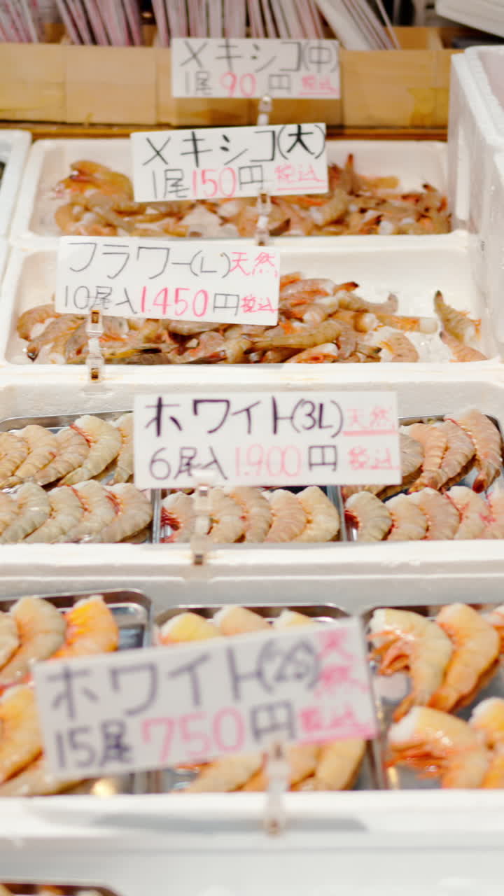 Different types of shrimp on display at the Tsukiji Fish Market in Japan. Vertical. Translation: "Shrimp types"
