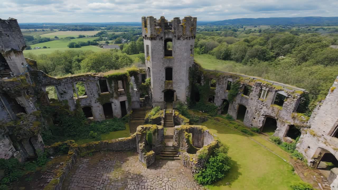 Sweeping camera movement revealing weathered stone walls, medieval Huntly Castle tower rising above verdant Scottish landscape, showcasing historic architectural remnants