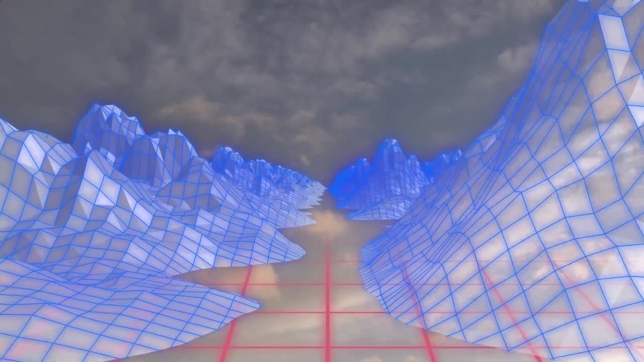 animación de formas que se mueven sobre montañas y nubes digitales