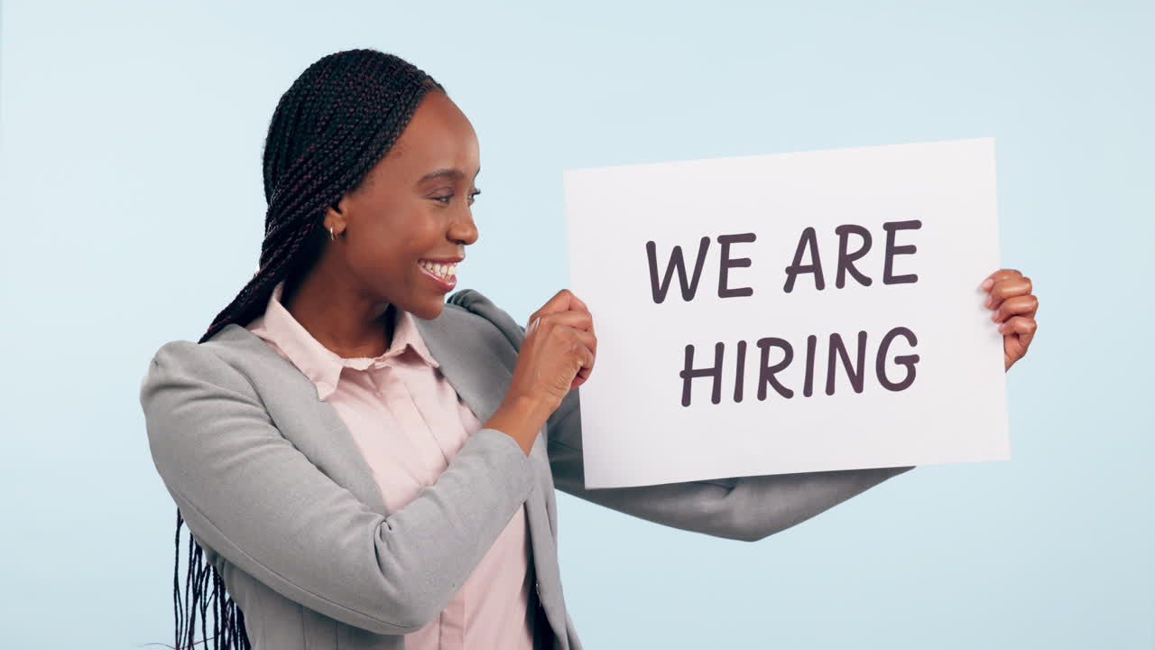 Happy black woman, poster and hiring sign