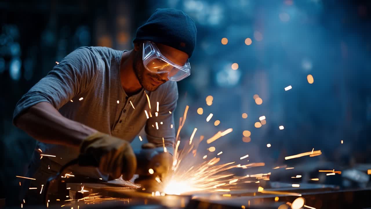 A Skilled Metalworker Operating a Power Tool with Sparks Flying in a Dimly Lit Workshop, Showcasing Precision and Craftsmanship in Action