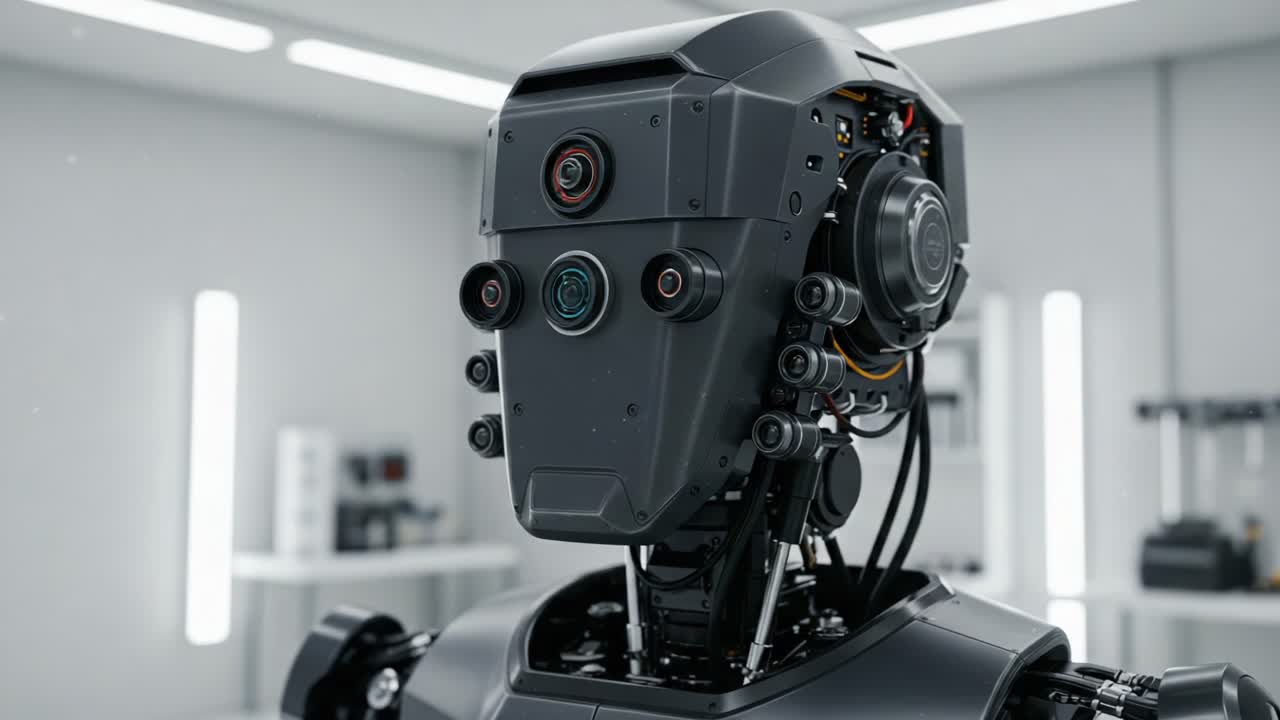 An Innovative Robotic Head Featuring Advanced Sensors and Modern Technology in a High-Tech Laboratory Environment, Showcasing the Future of Robotics and AI Development
