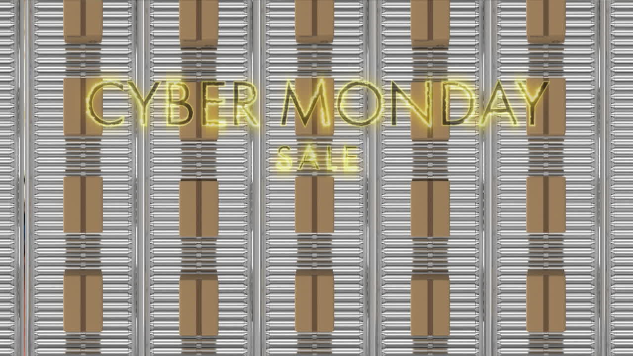 Animasjon av Cyber Monday-salgstekst over pappesker på samlebånd