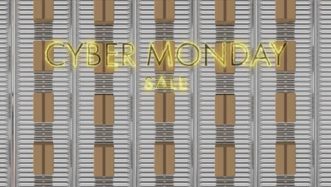 animation of cyber monday sale text over cardboard boxes on conveyor belts