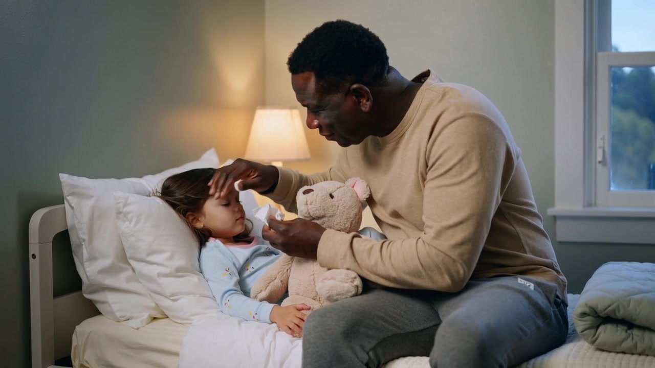 Noticing fever father in sweater leaning over daughter in child's bedroom, holding temp and teddy