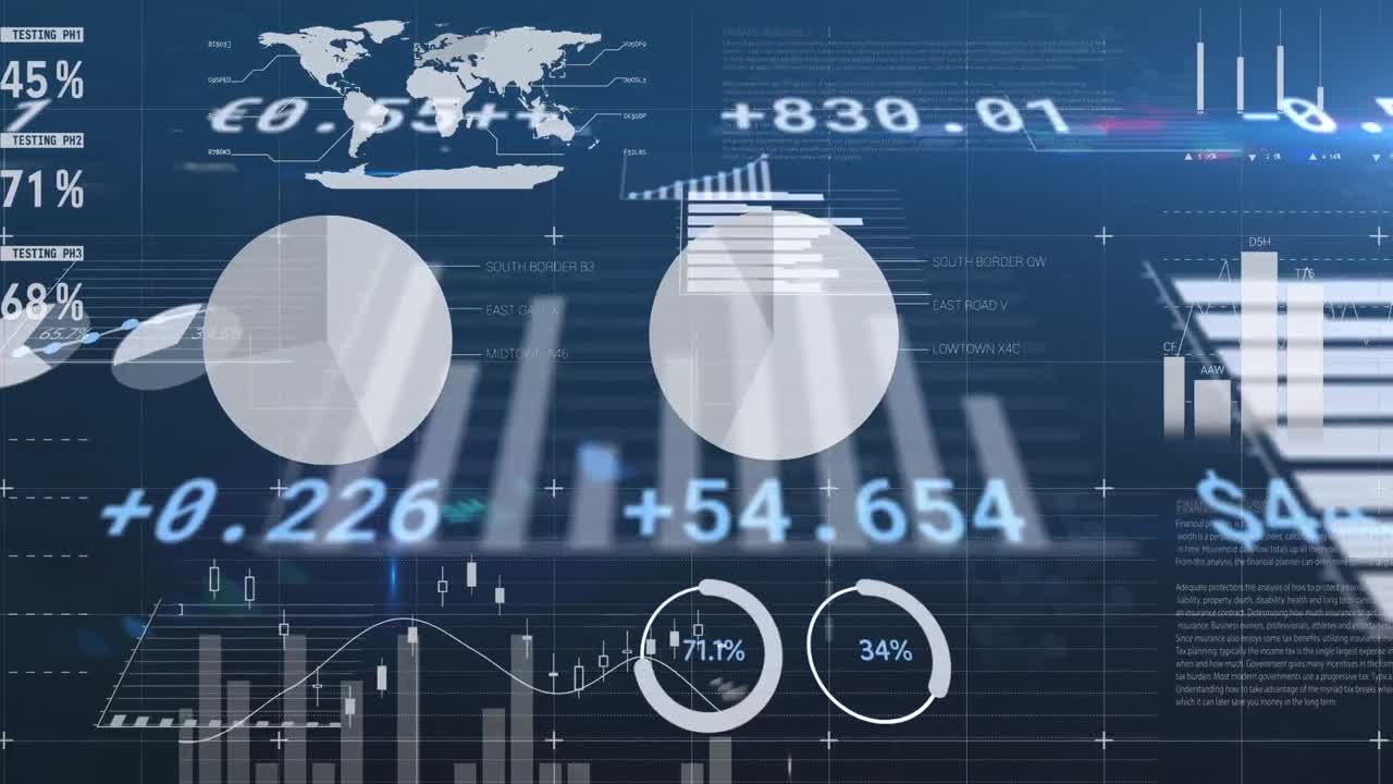 Animation of financial data processing on blue background