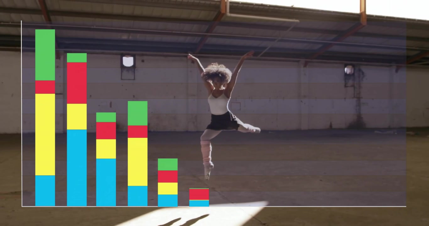 Grafico a barre fluttuante che ispira una ballerina mentre esegue passi, salti e conclude una routine per la visualizzazione dei dati.