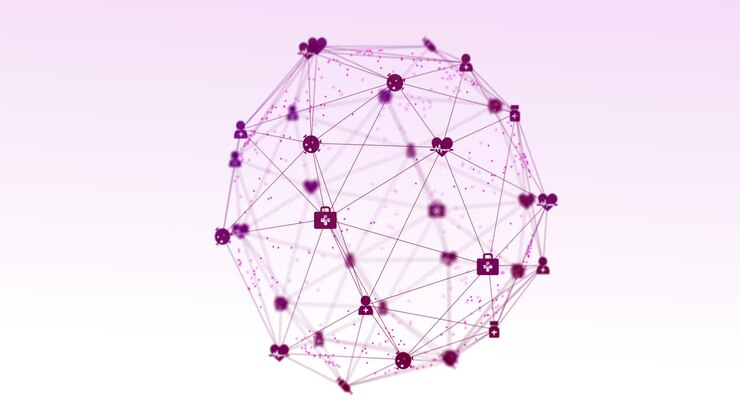 Animazione di interfaccia digitale e globo di una rete di connessioni con icone viola su sfondo bianco