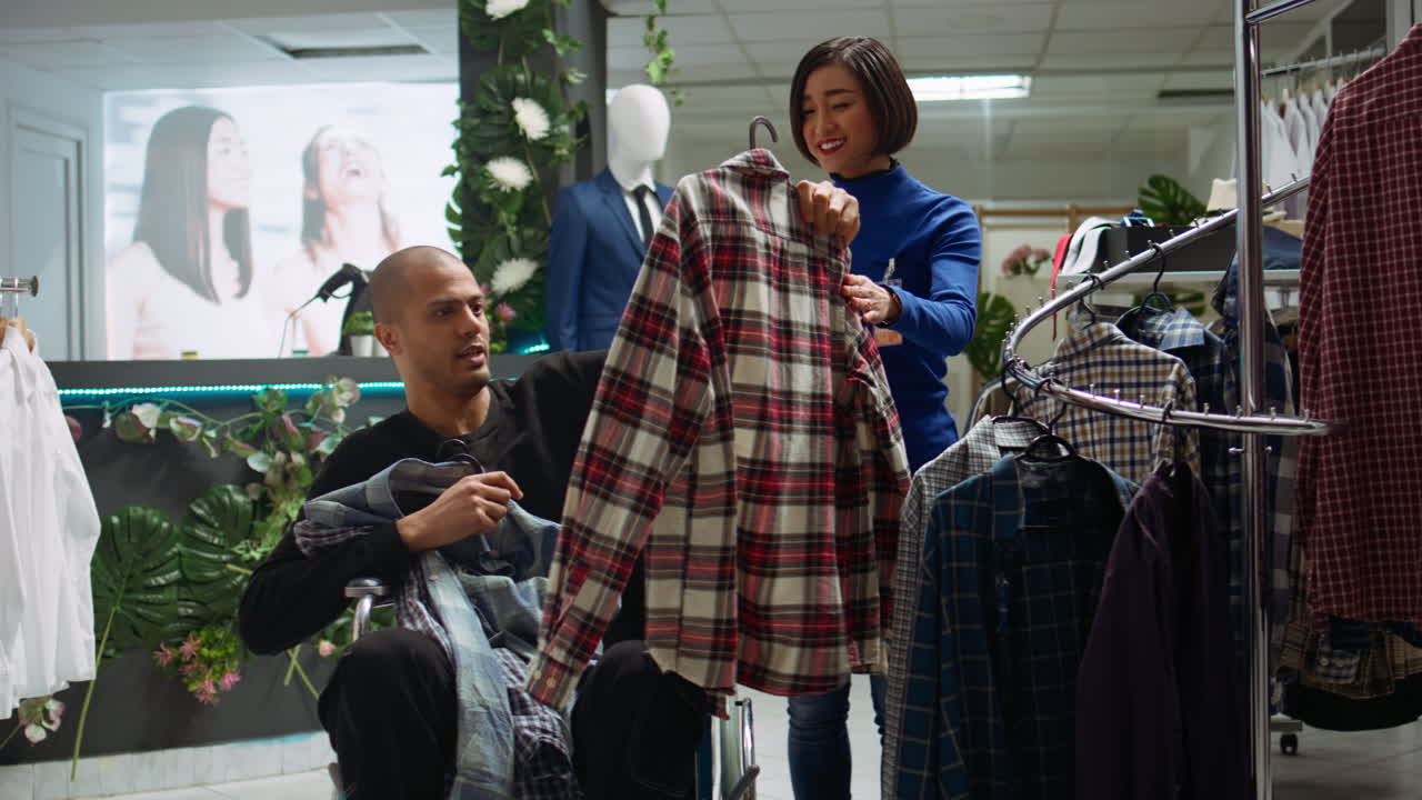 장애인 고객과 함께 옷 가게에서 쇼핑 경험