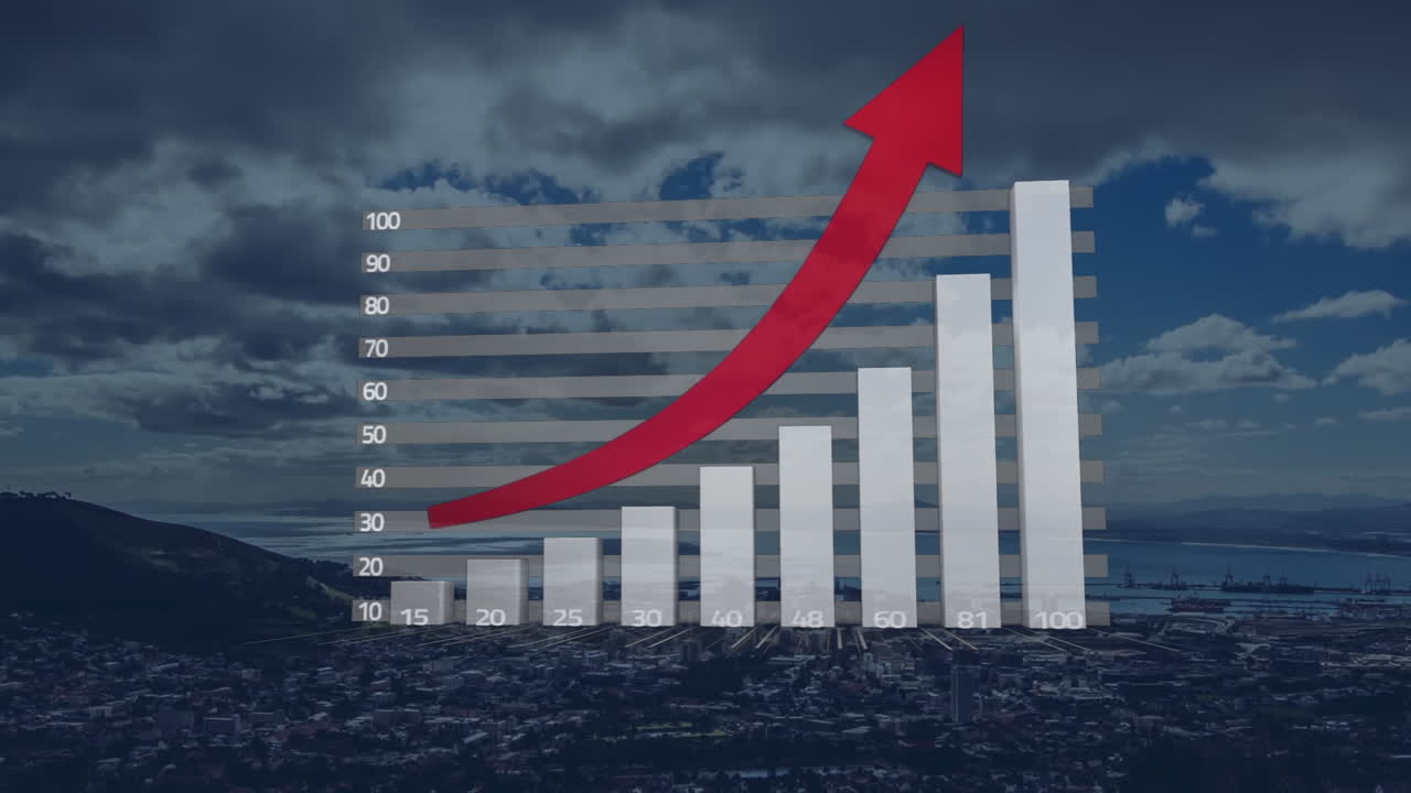 이 애니메이션 은 푸른 하늘 에 구름 이 있는 도시 풍경, 산, 바다 를 배경 으로 보여준다