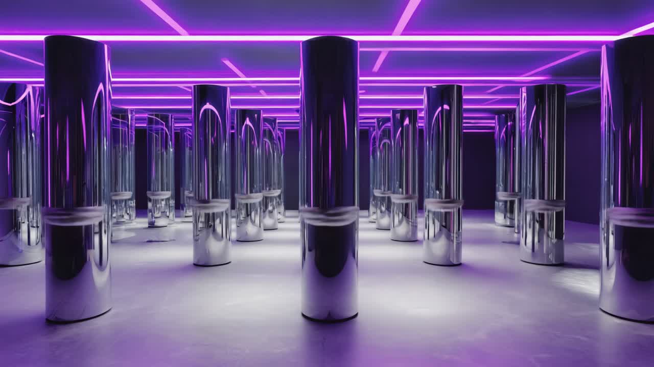 Installazione d'arte astratta con colonne cromate e luci viola
