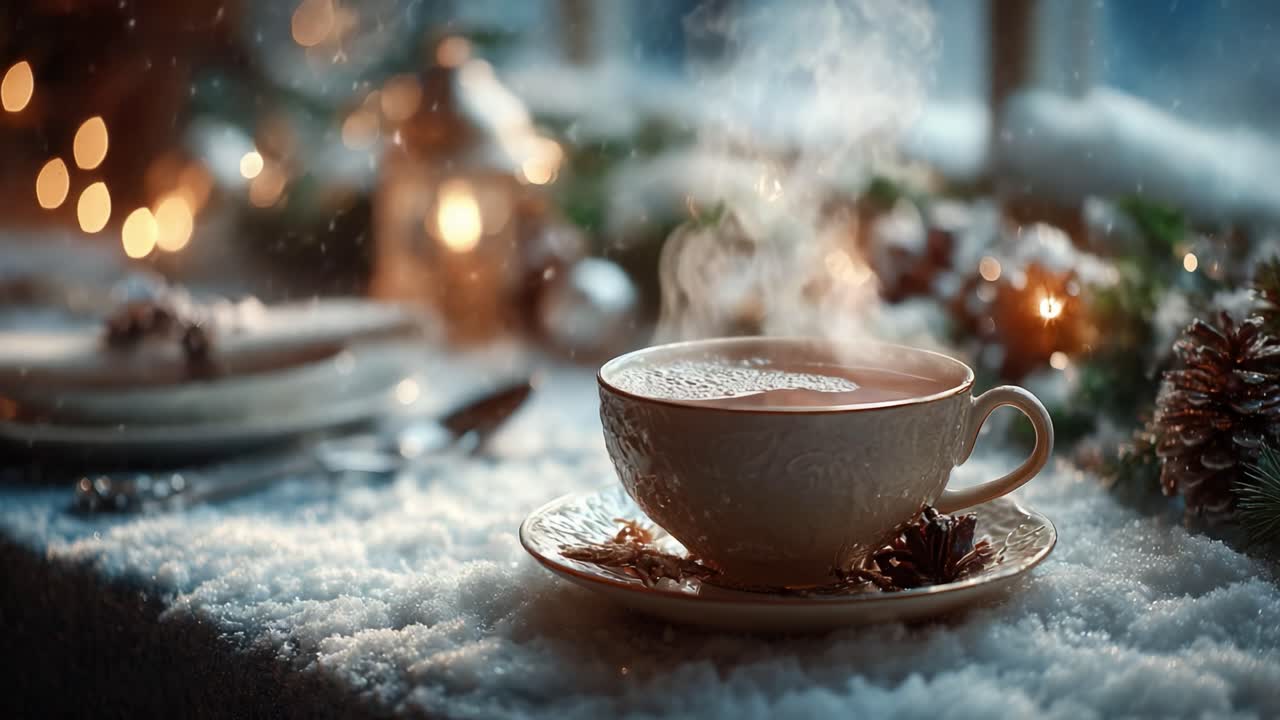 A Cozy Winter Scene Featuring a Steaming Cup of Tea on a Snowy Table Surrounded by Twinkling Lights and Festive Decorations, Perfect for a Chill Day at Home