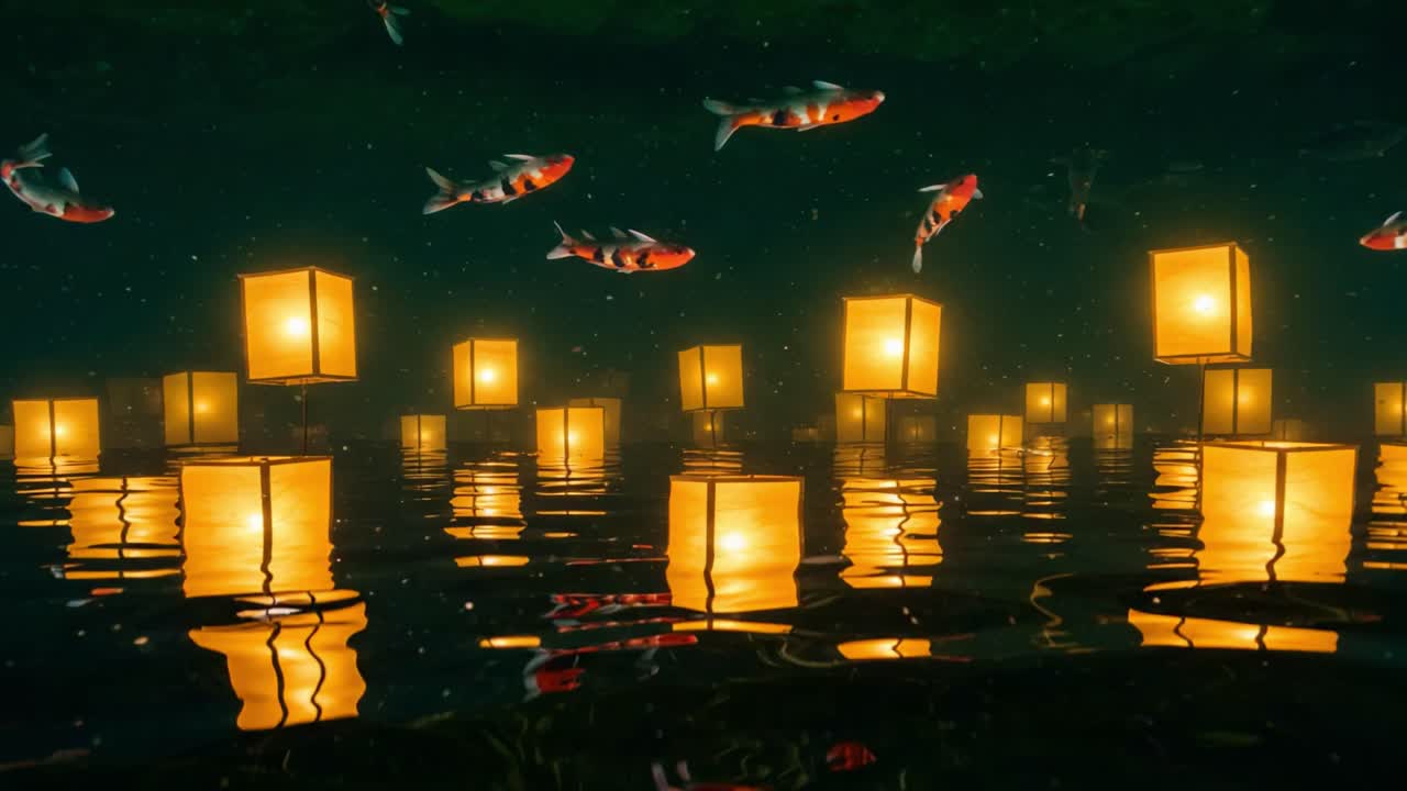 Mesmerizing Underwater Scene Featuring Colorful Fish Swimming Among Illuminated Lanterns in a Serene, Peaceful Environment