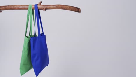 video de bolsas de lona verdes y azules colgando de la rama con espacio de copia sobre fondo blanco
