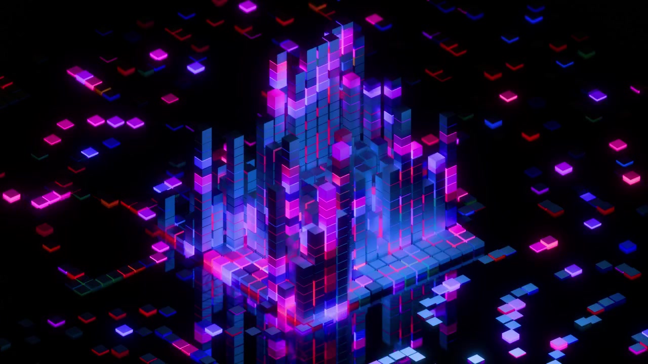 Abstrakte 3D-Visualisierung von leuchtenden blauen und violetten Datenblöcken