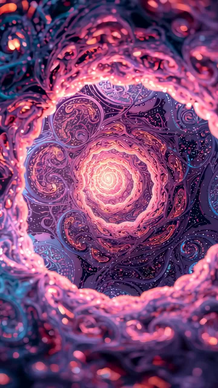 Vertical video: Starting camera moving toward radiant mandala in fractal tunnel, revealing rings