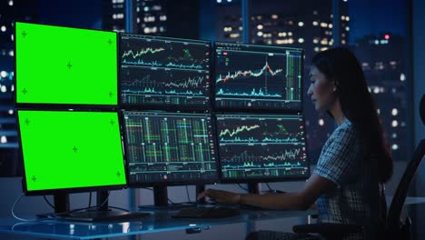 analista financiero que trabaja en una computadora con estación de trabajo multi-monitor con pantalla verde chroma key mock up plantilla y gráficos de acciones en tiempo real. mujer de negocios trabaja en un banco de inversión por la noche.