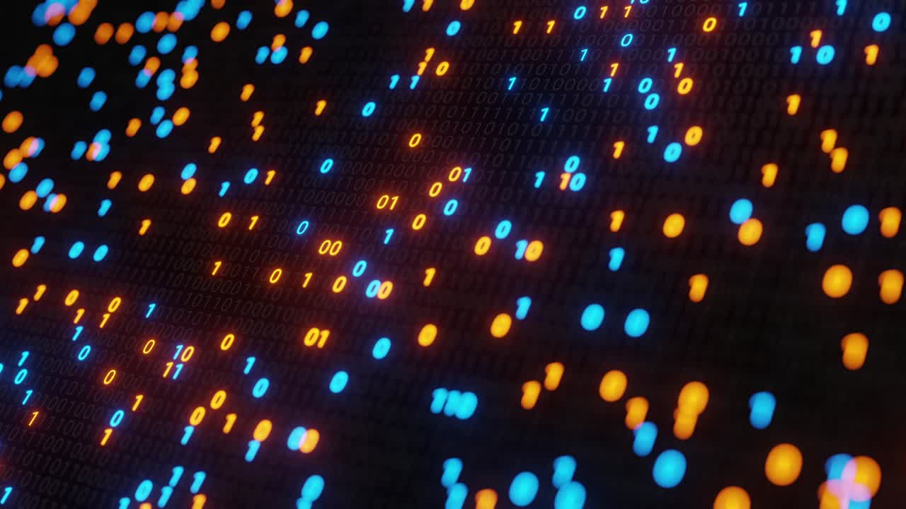 abstract sin costuras azul y naranja código digital binario matriz fondo vj bucle con llamarada.