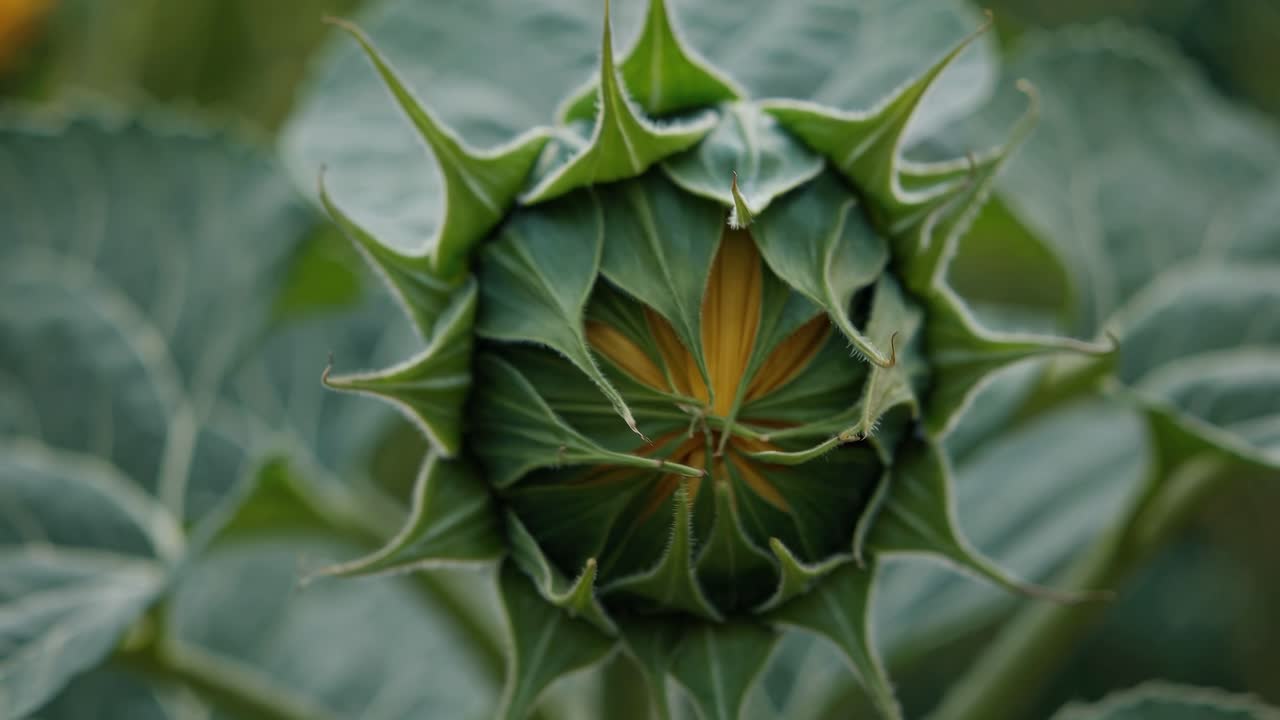 Close-up of a sunflower bud from above, showcasing intricate patterns