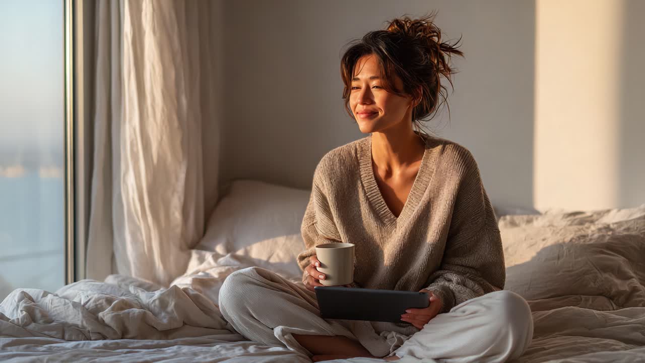 Momenti contemplativi: un piacevole mattino a letto con caffè e tablet, avvolti dal calore della luce naturale per un inizio di giornata all'insegna della serenità