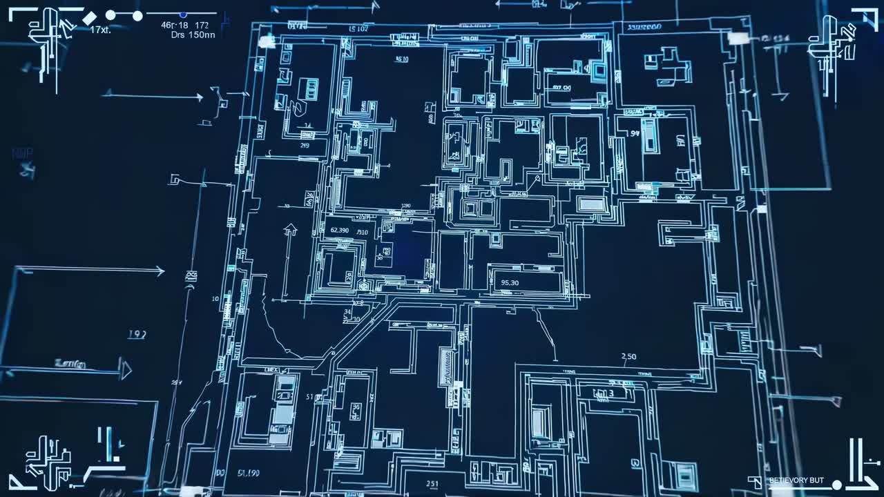 Top-down view of architectural blueprints with a digital overlay, resembling a technical video