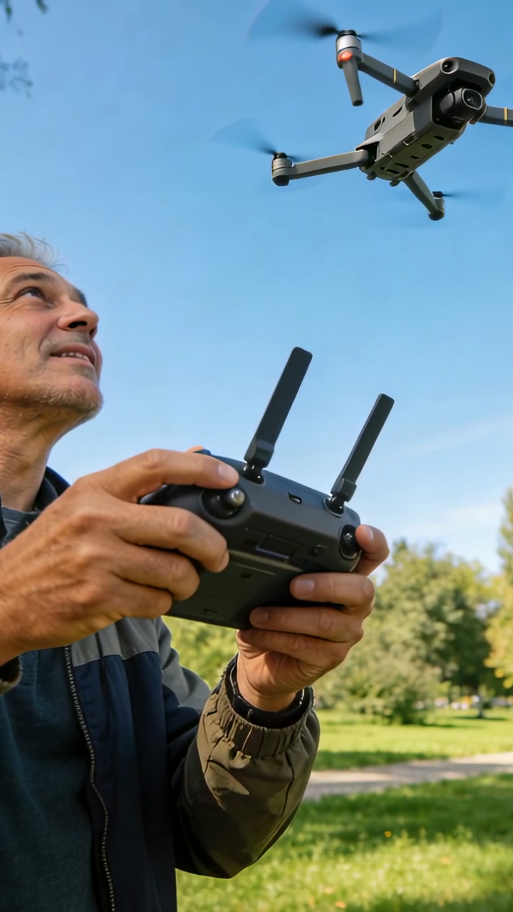 Vertical video: Senior man in jacket using controller in park, reacting to hovering drone for hobby