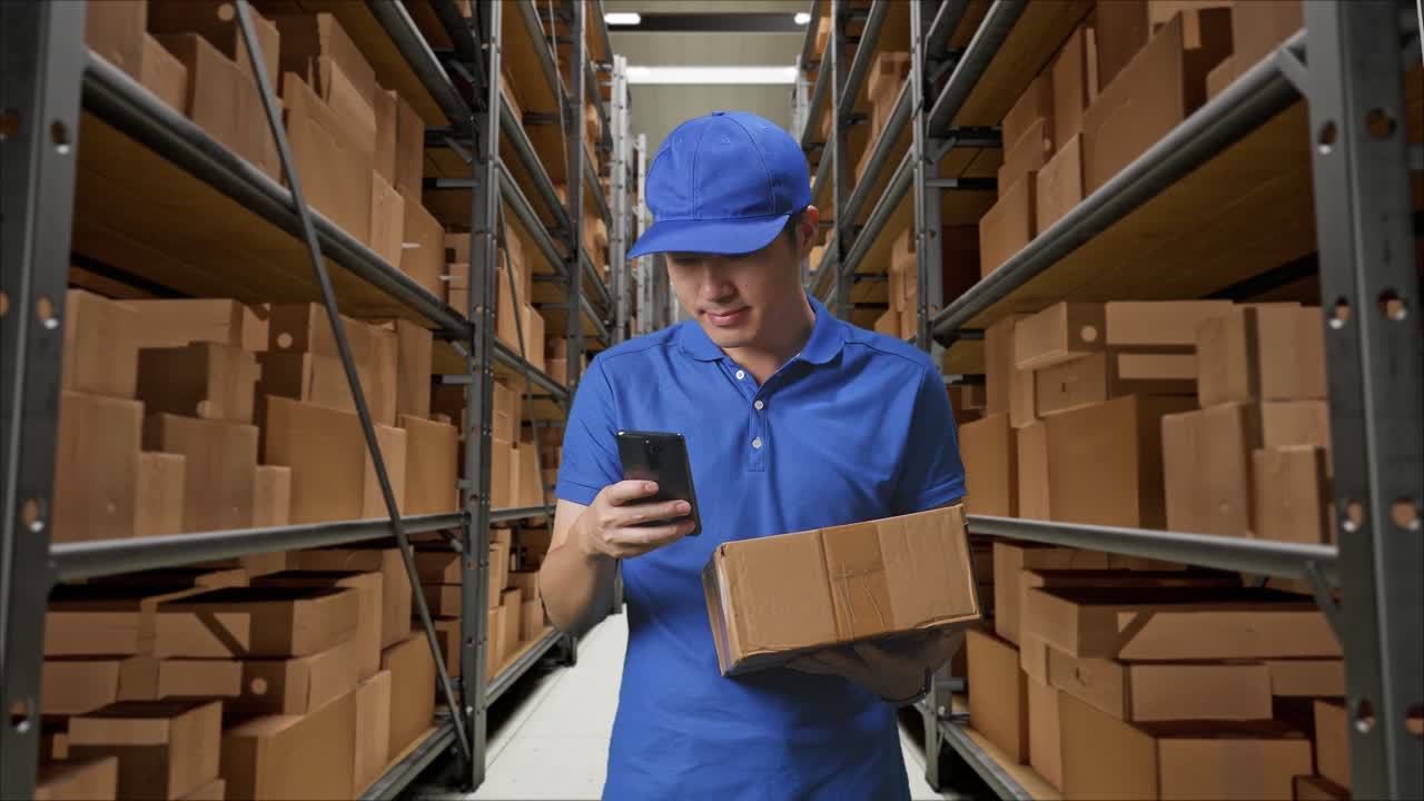 mensajero masculino asiático en uniforme azul usando teléfono inteligente mientras entrega un cartón en el almacén